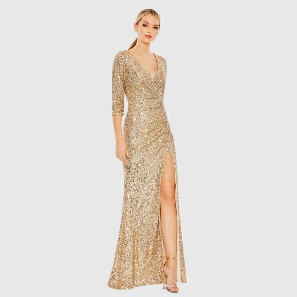 SEQUINED DRAPED 3/4 SLEEVE GOWN MAC DUGGAL